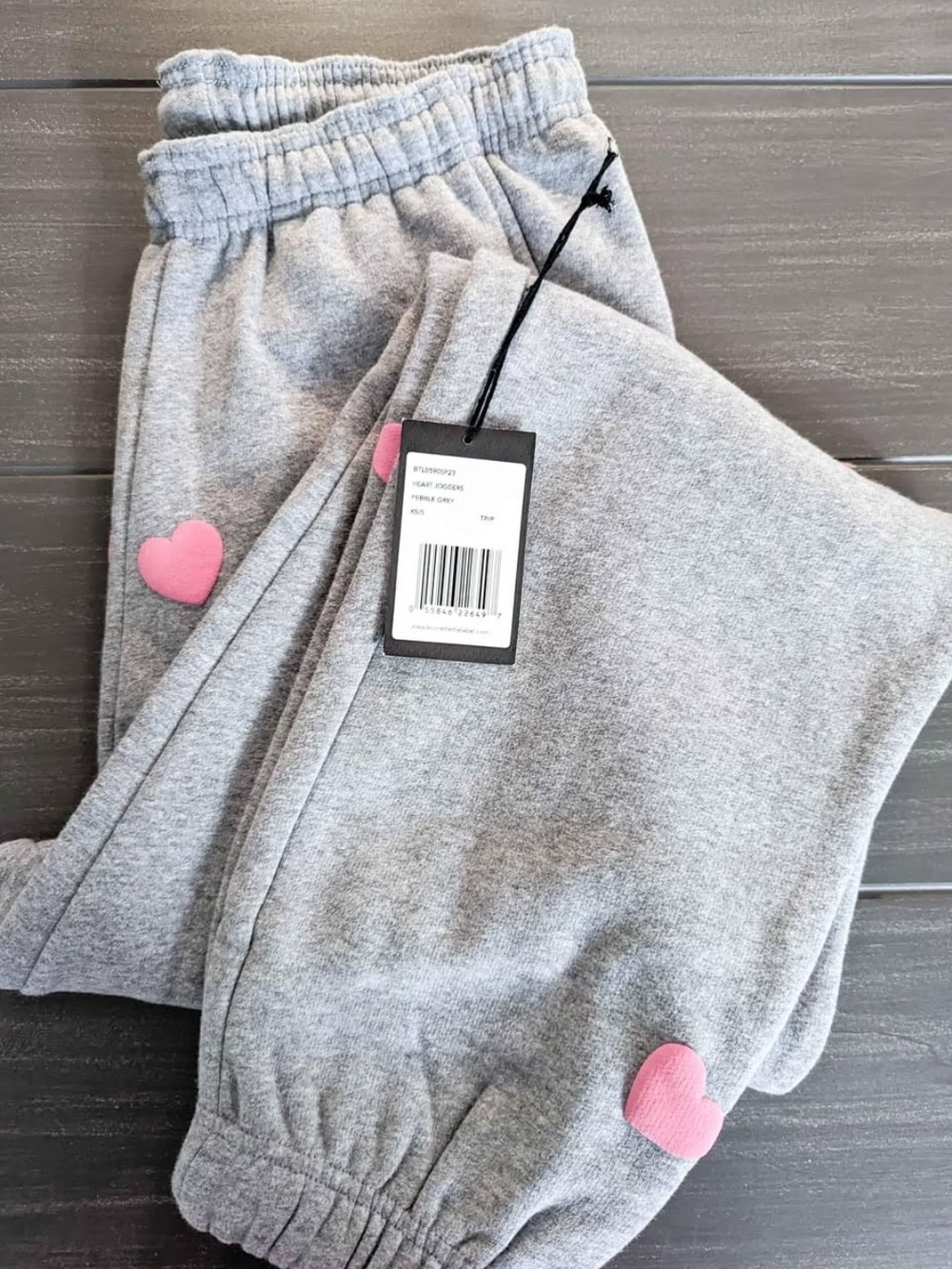 Brunette the Label Grey Womens Sweatpants with Pink Heart Accents